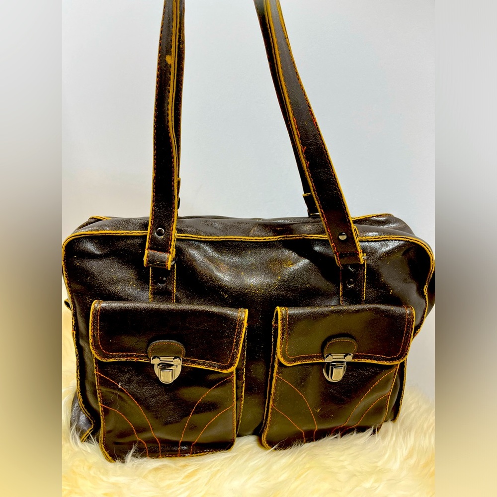 Vintage Unbranded Y2k Brown Distressed VeganLeather Floral Interior Shoulder Bag